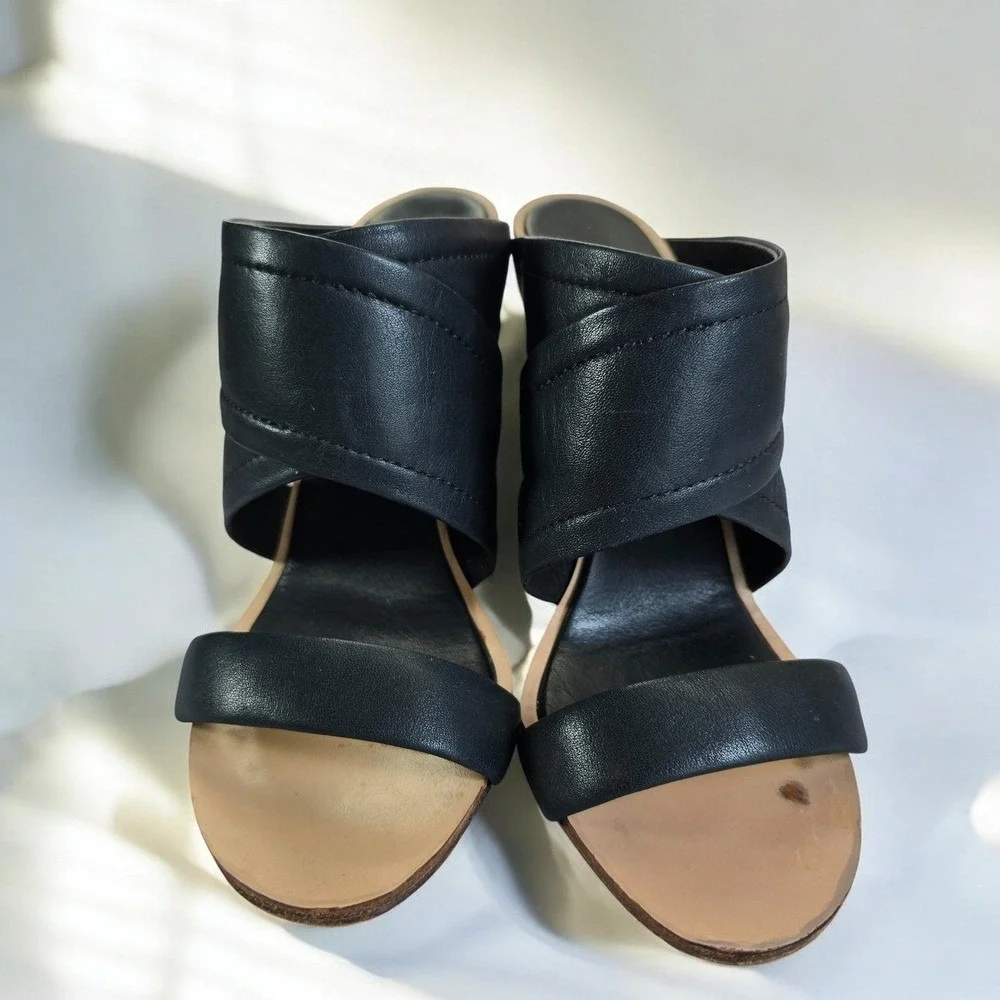 Rag Bone‎ New York Black Leather Crossover Wedge Mules Made in Italy Woman 7 US